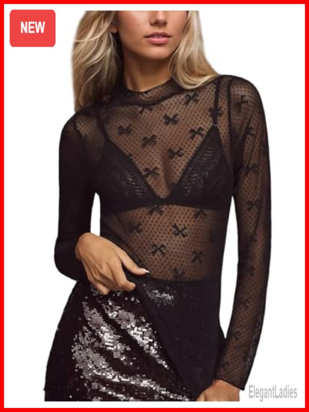 Women Lace Mesh Bow Top Long Sleeve Mock Neck See Through Shirt Polka Dot